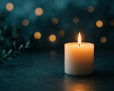 Lit Pillar Candle on Dark Textured Surface