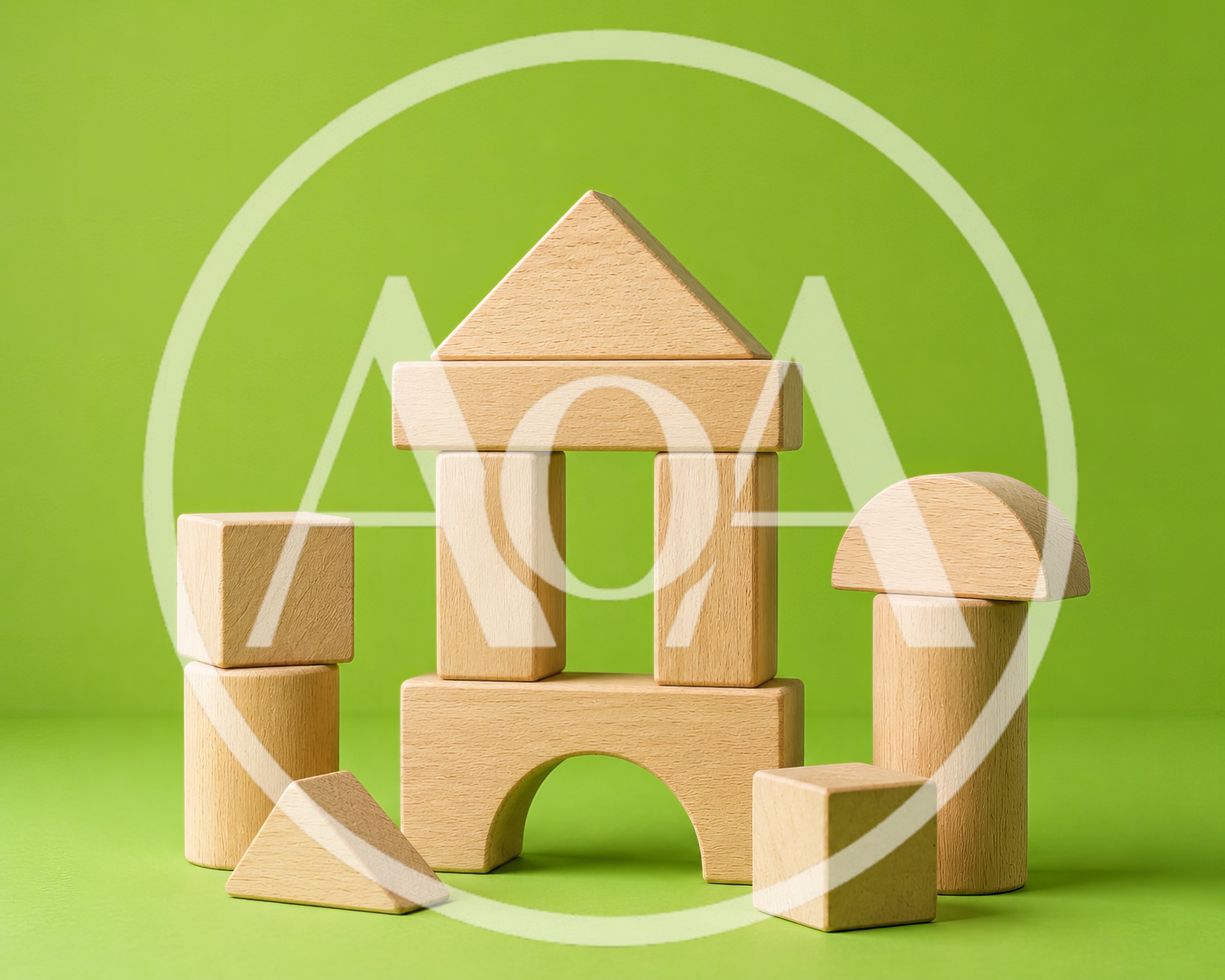 Wooden Building Blocks Arranged on Green Background