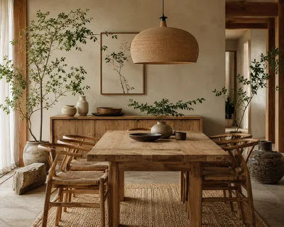 Minimalist Dining Room With Wooden Furniture And Plants