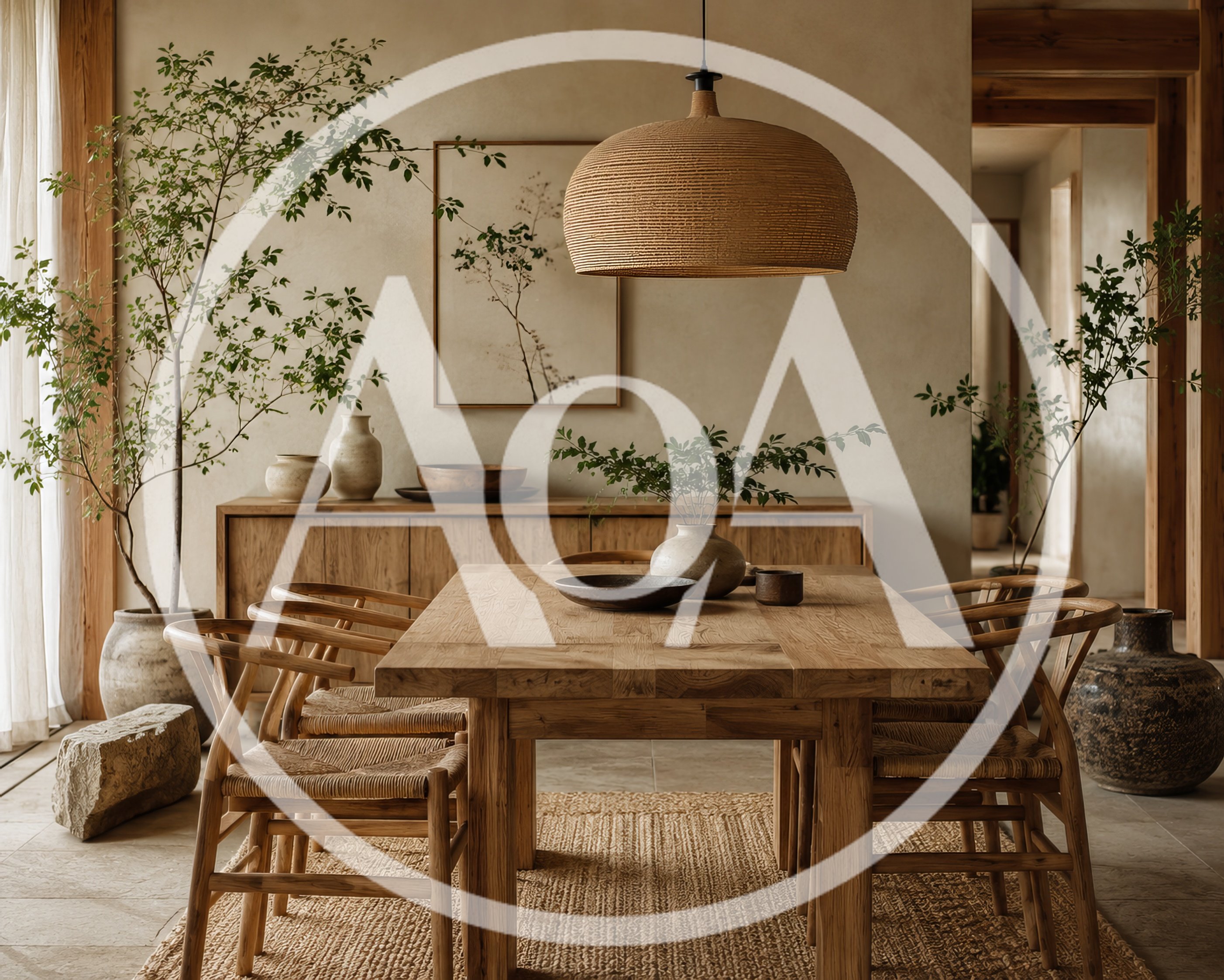 Minimalist Dining Room With Wooden Furniture And Plants