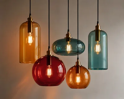 Modern Colorful Glass Pendant Lights Hanging In Group