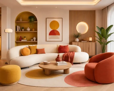 Modern Living Room With Curved Sofa And Warm Tones