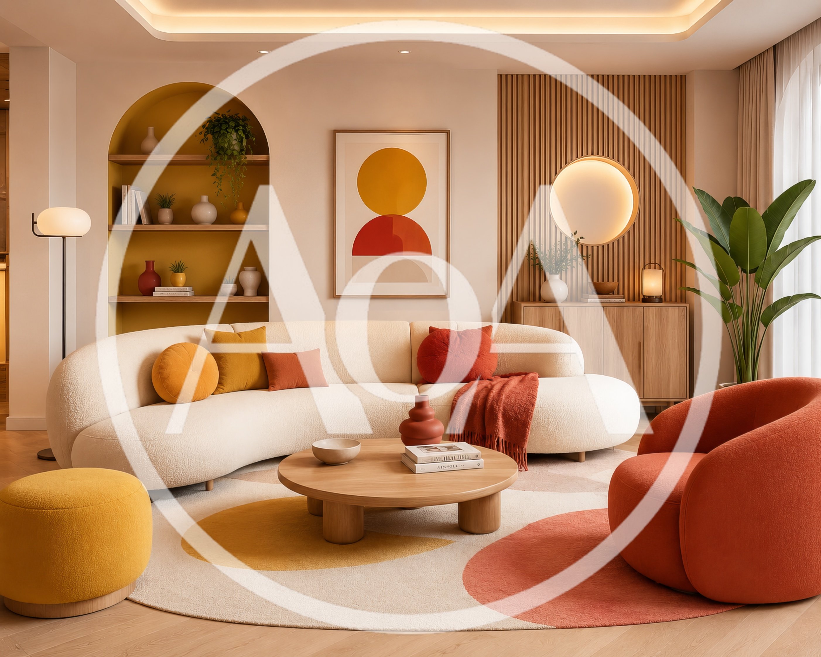 Modern Living Room With Curved Sofa And Warm Tones