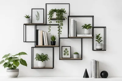 Modern Wall Shelving Unit With Potted Plants And Books