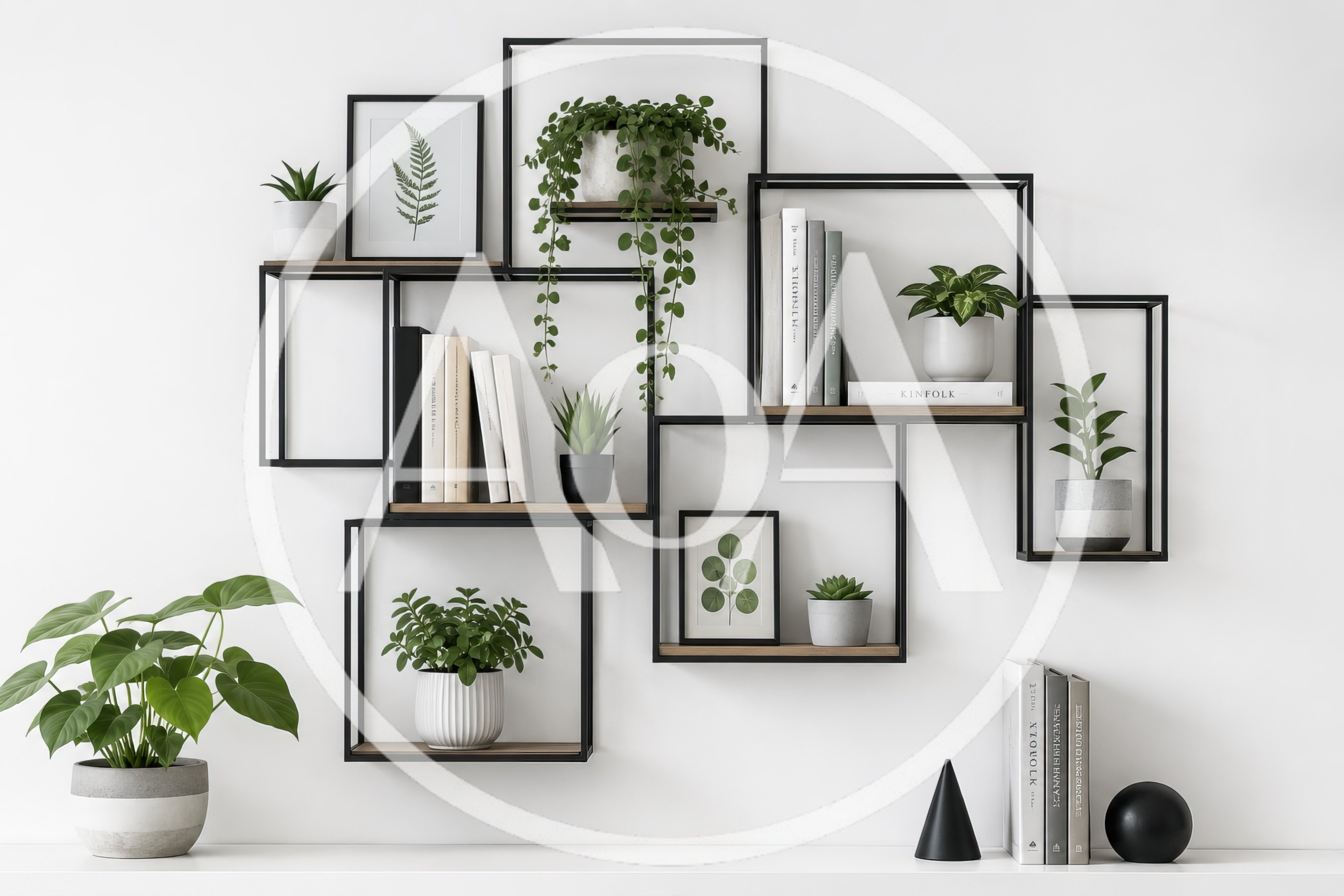 Modern Wall Shelving Unit With Potted Plants And Books