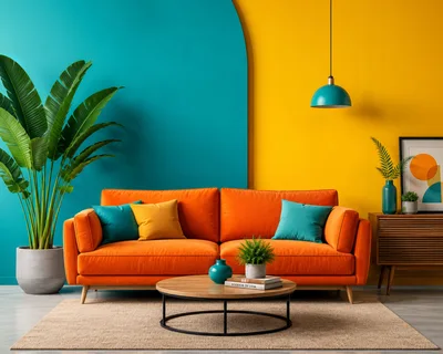 Modern Living Room With Orange Sofa And Colorful Walls