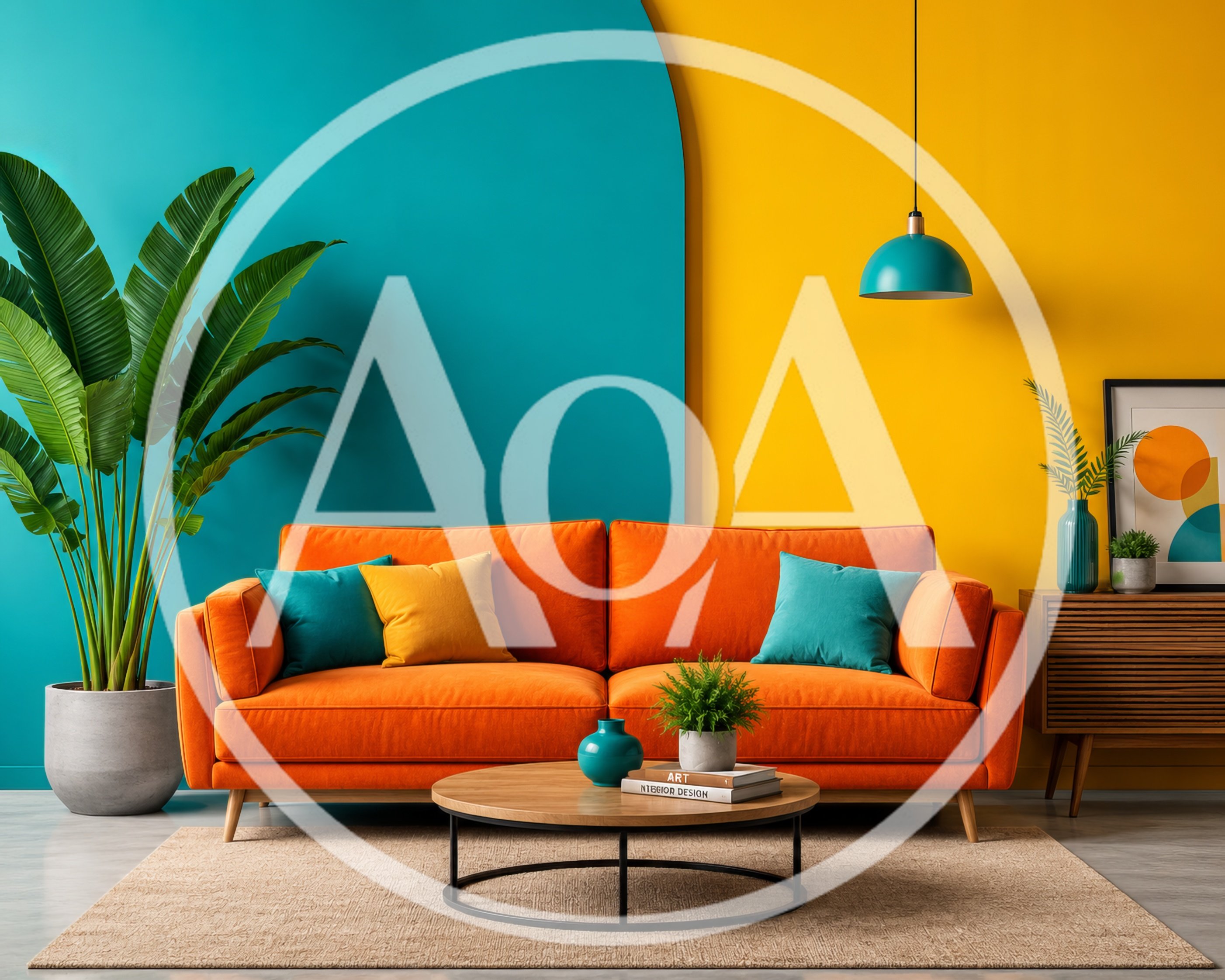 Modern Living Room With Orange Sofa And Colorful Walls