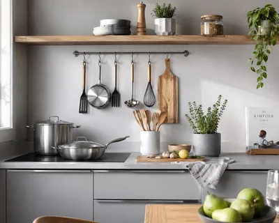 Modern Kitchen Countertop With Cooking Utensils And Produce