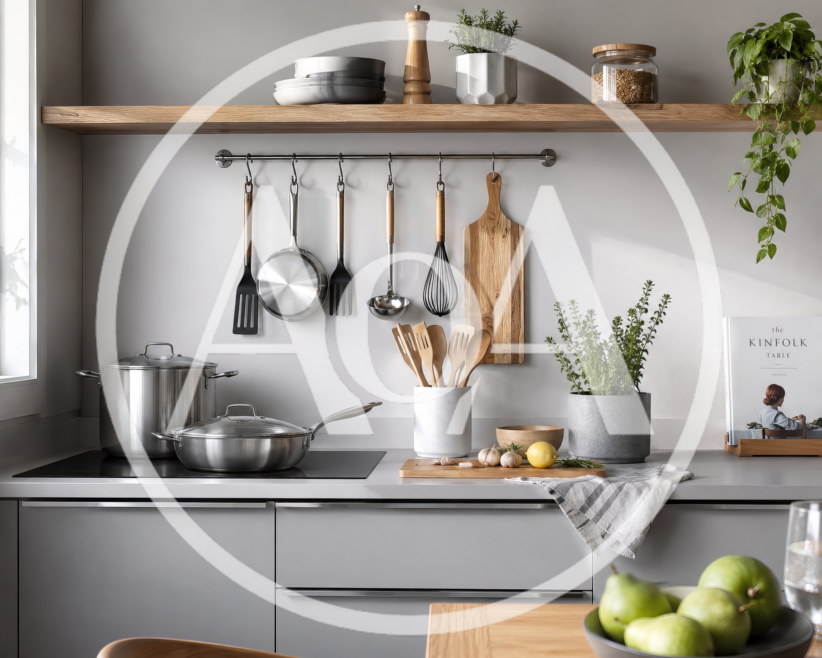 Modern Kitchen Countertop With Cooking Utensils And Produce