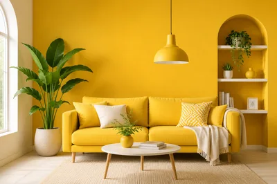 Modern Living Room With Yellow Sofa And Decor