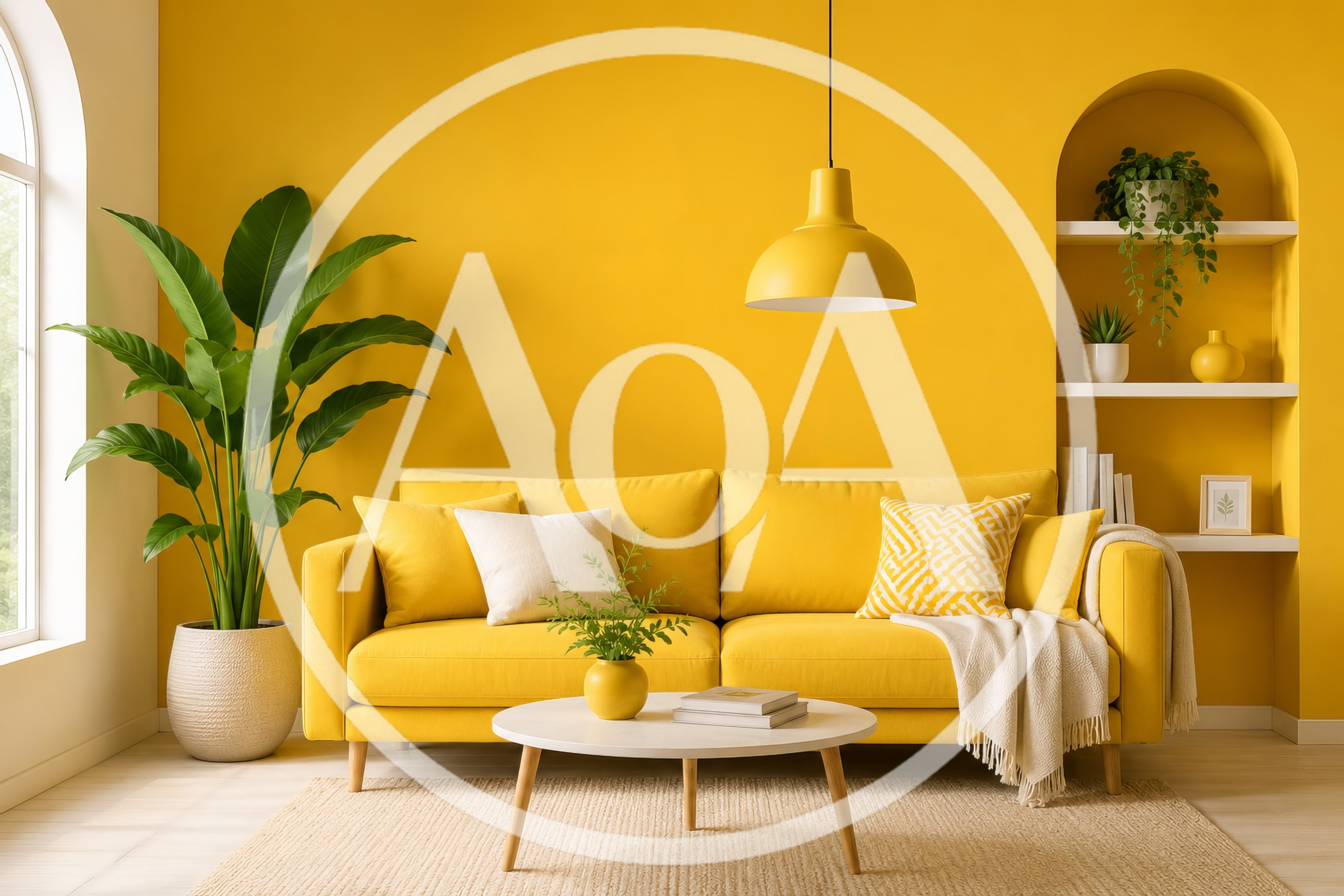 Modern Living Room With Yellow Sofa And Decor