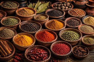 Assorted Spices and Herbs in Rustic Clay Bowls