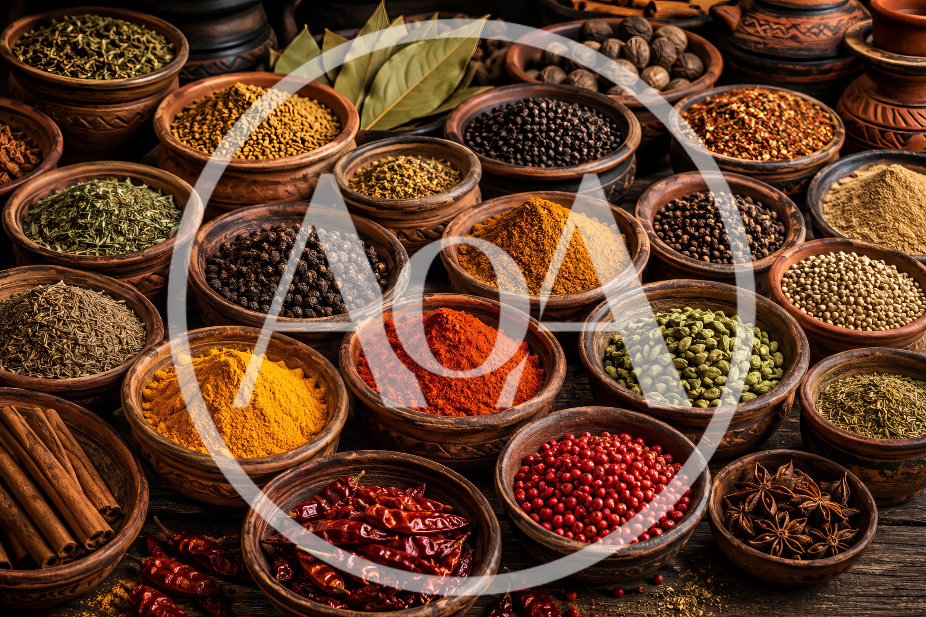 Assorted Spices and Herbs in Rustic Clay Bowls