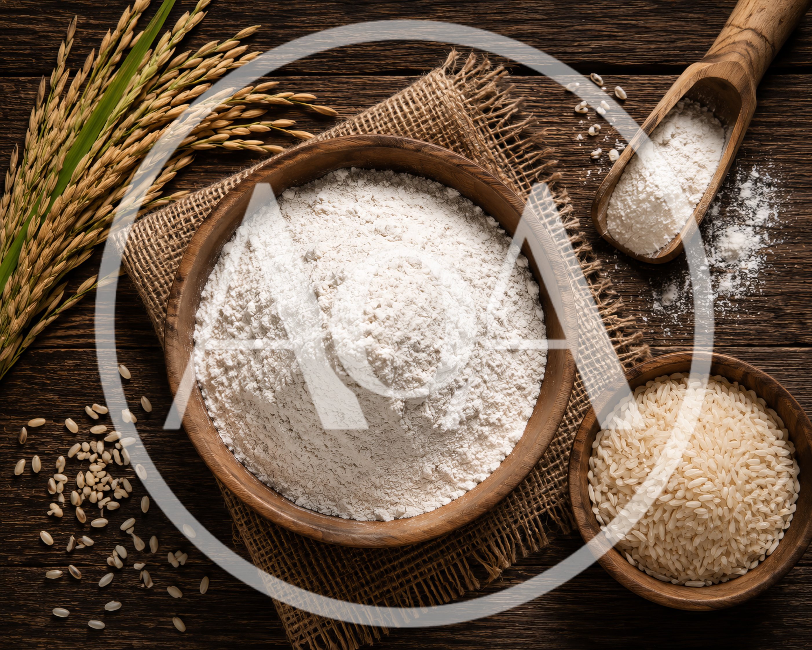 Rice Flour And Raw Rice Grains On Wooden Table