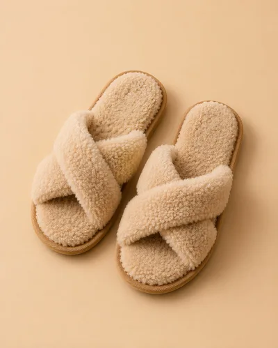 Pair of Beige Faux Fur Cross Band Slippers