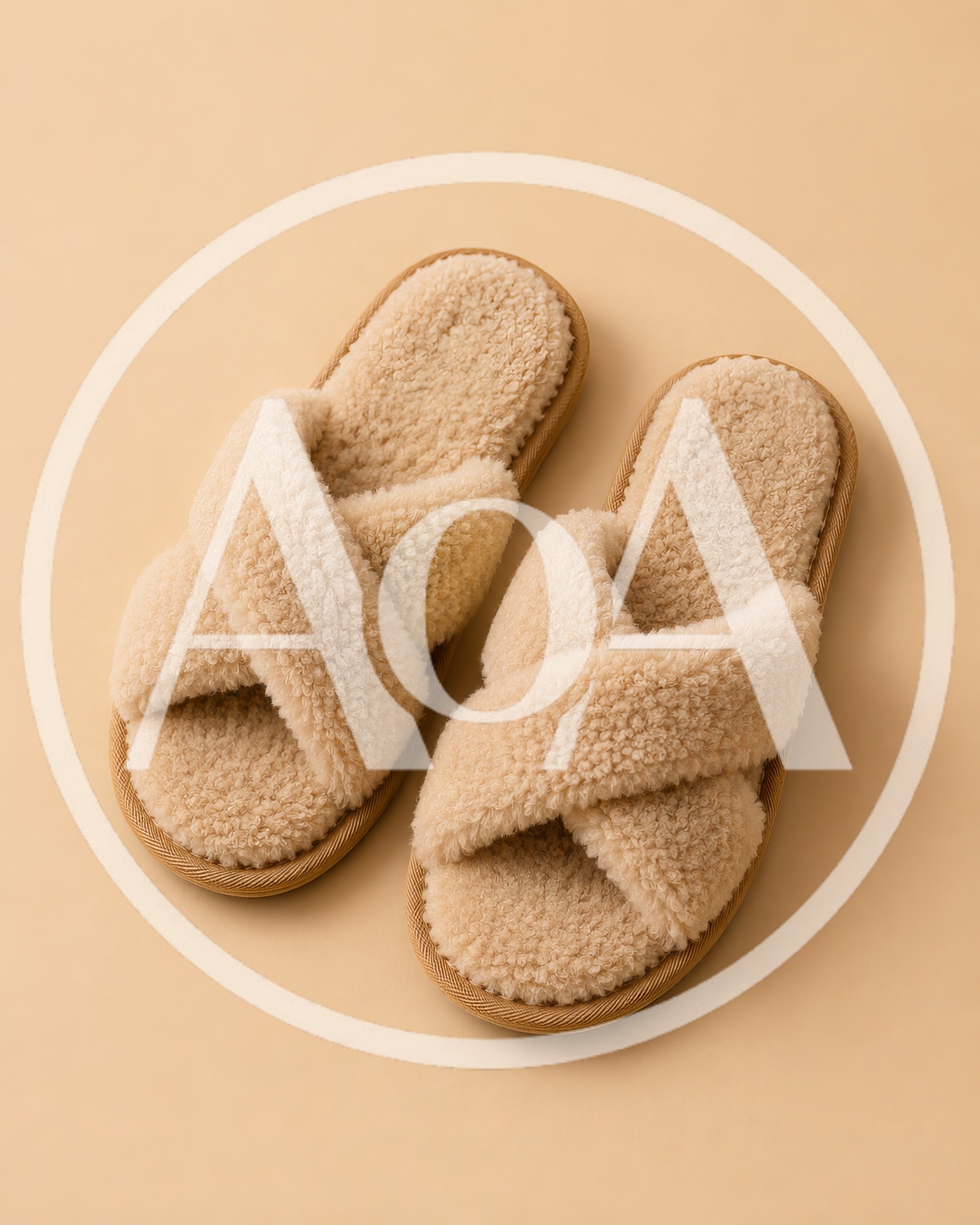 Pair of Beige Faux Fur Cross Band Slippers