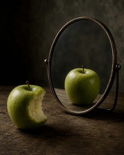 Bitten Green Apple Reflected In A Vintage Mirror