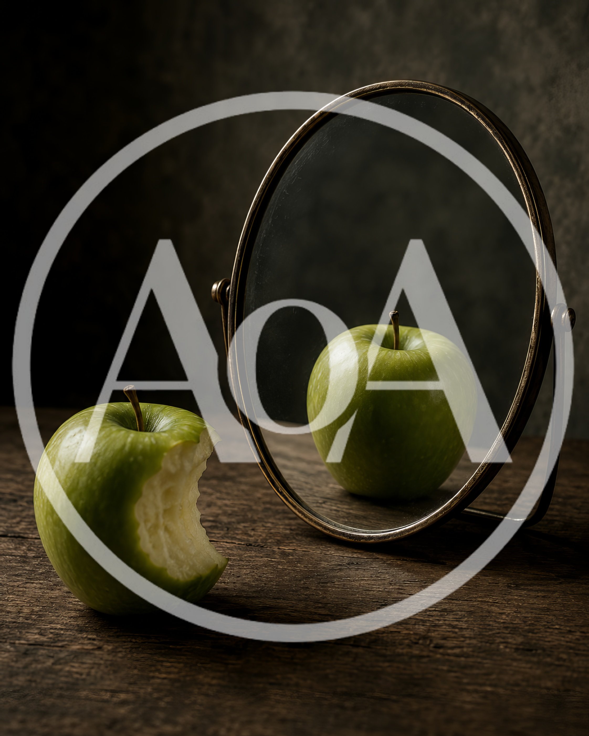 Bitten Green Apple Reflected In A Vintage Mirror