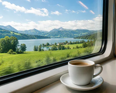 Coffee Cup on Train Window Sill Overlooking Alpine Lake