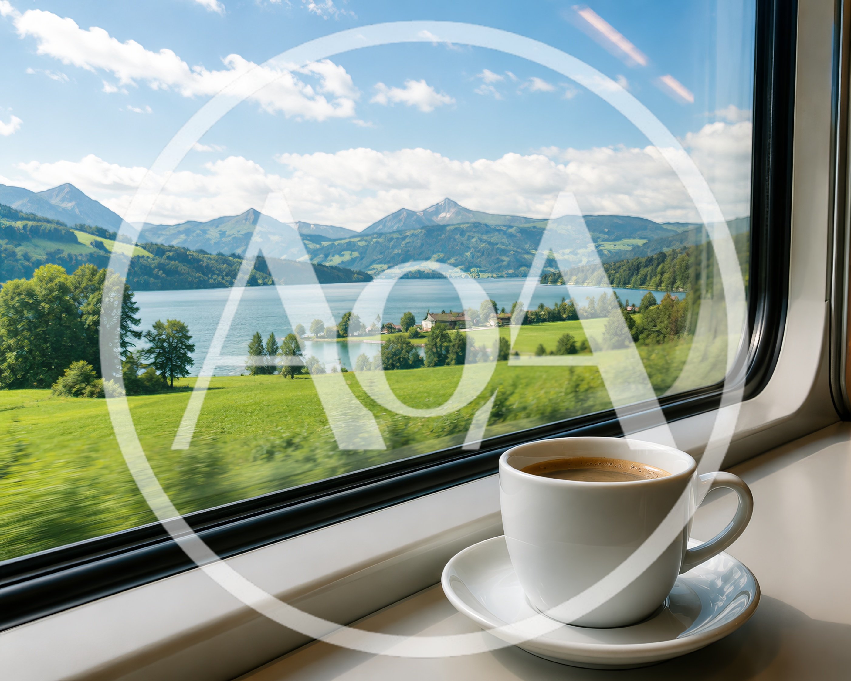 Coffee Cup on Train Window Sill Overlooking Alpine Lake