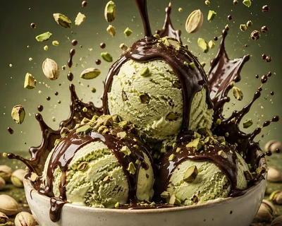 Pistachio Ice Cream Scoops With Chocolate Sauce Drizzle