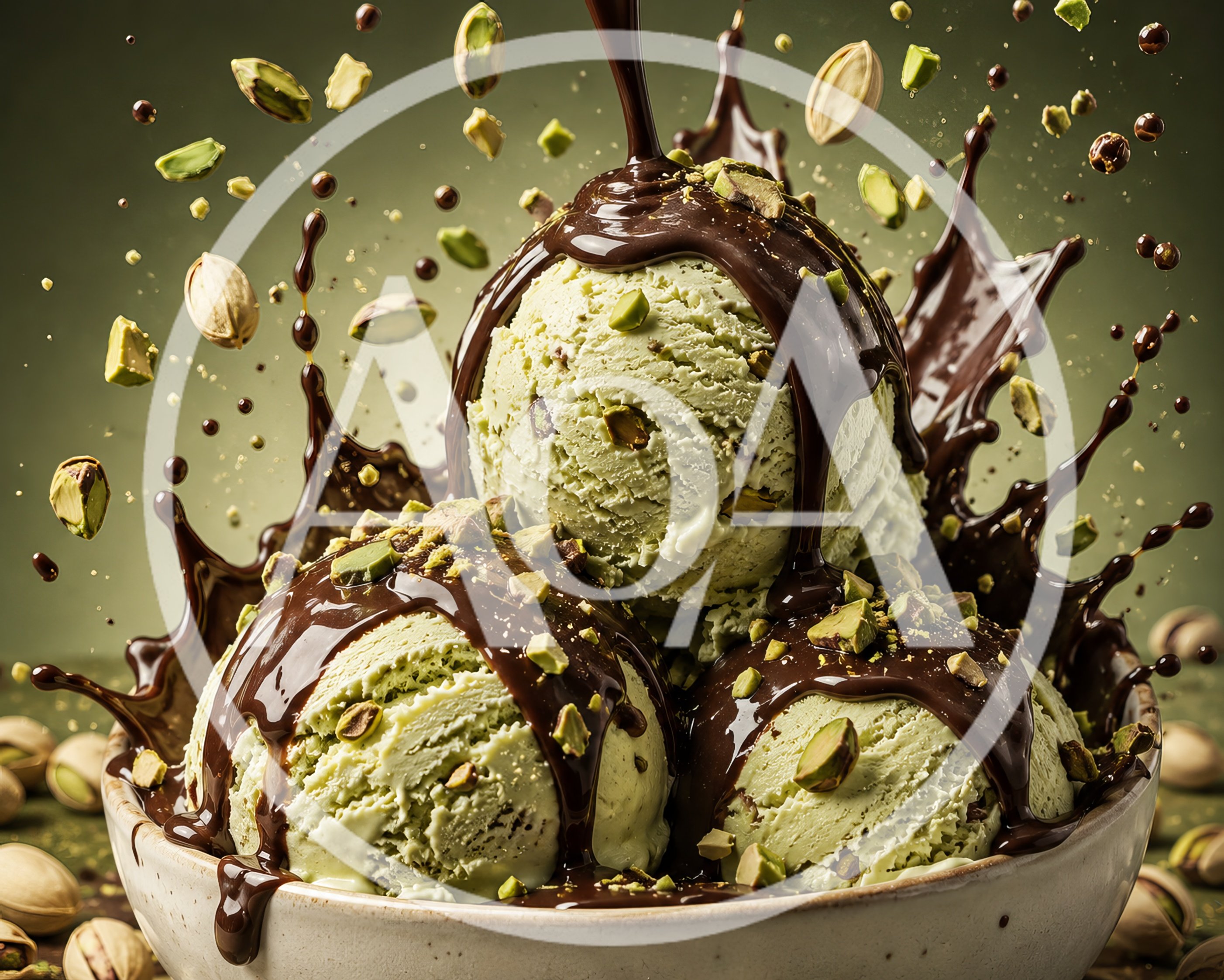 Pistachio Ice Cream Scoops With Chocolate Sauce Drizzle