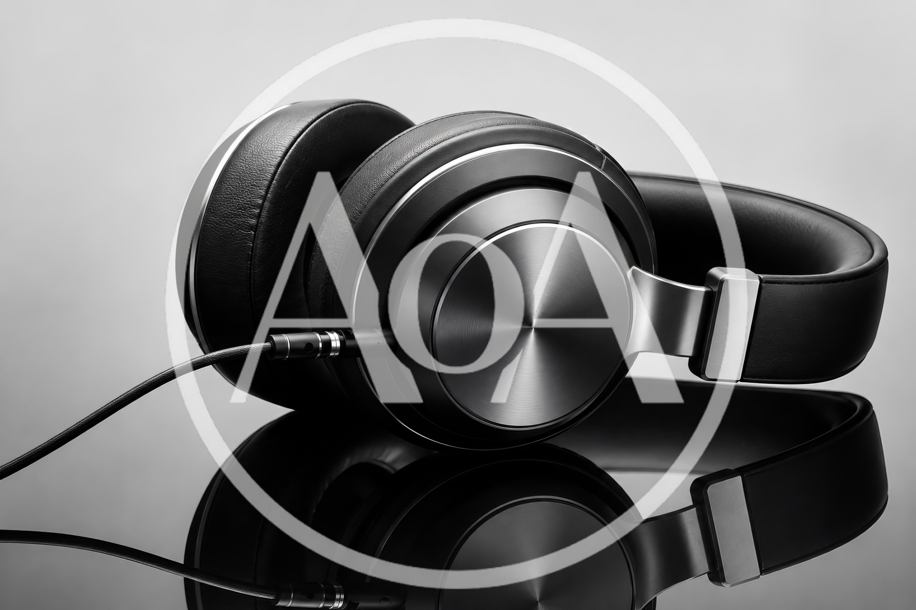 Professional Studio Headphones With Audio Cable On Reflective Surface