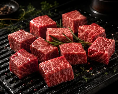 Raw Wagyu Beef Cubes on a Grill