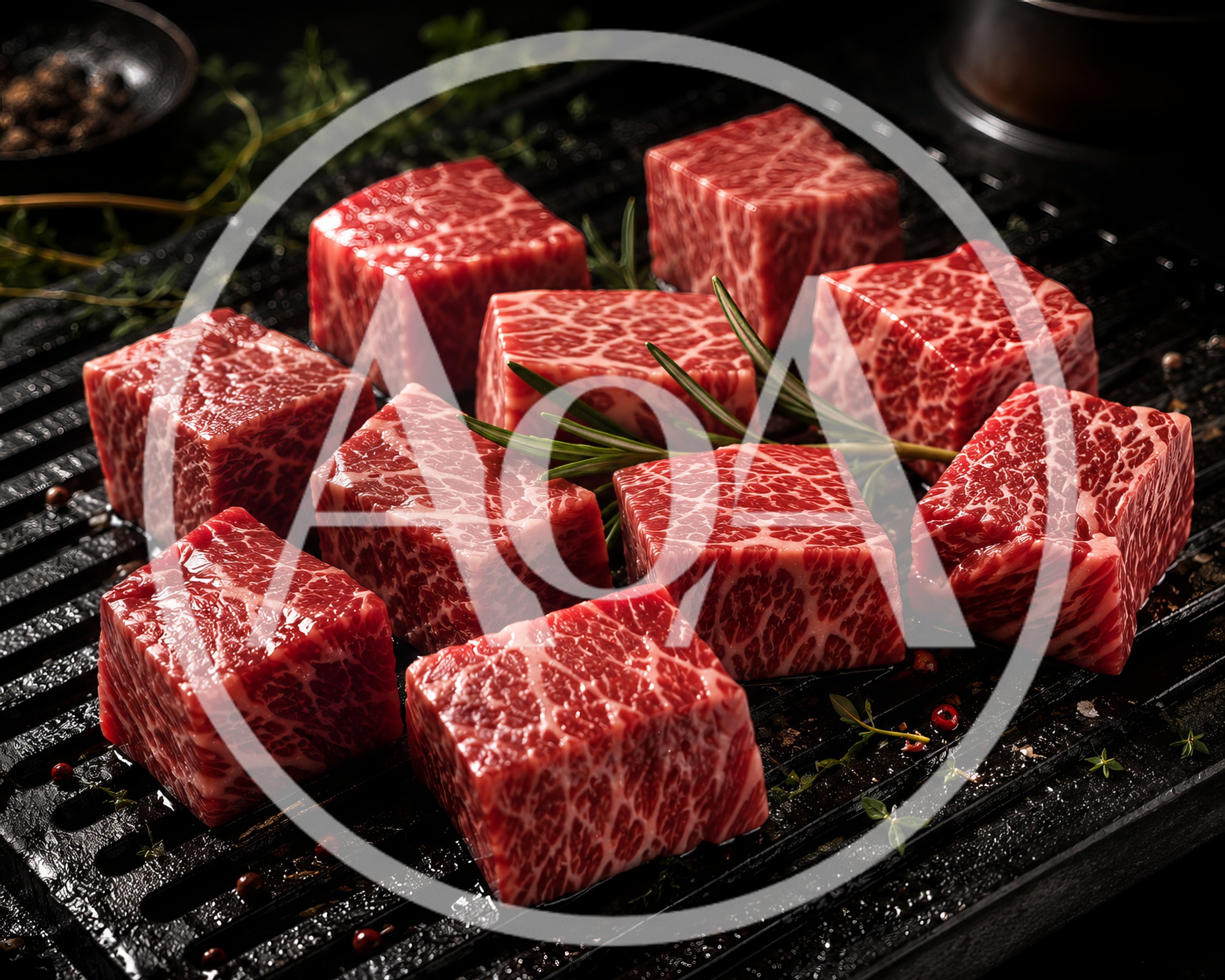 Raw Wagyu Beef Cubes on a Grill