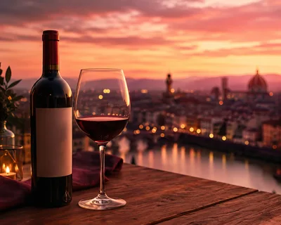 Wine Bottle And Glass Overlooking Florence At Sunset