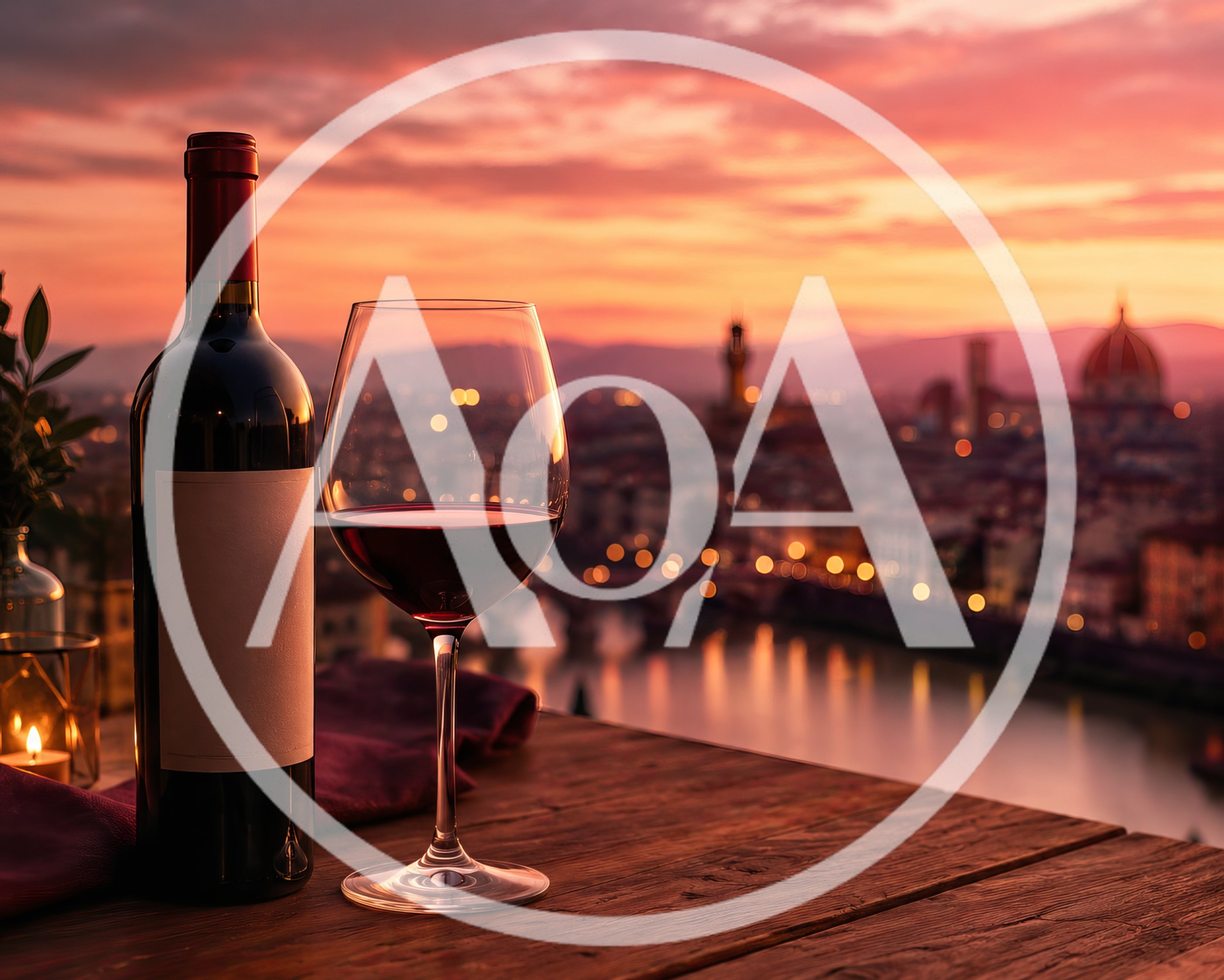 Wine Bottle And Glass Overlooking Florence At Sunset