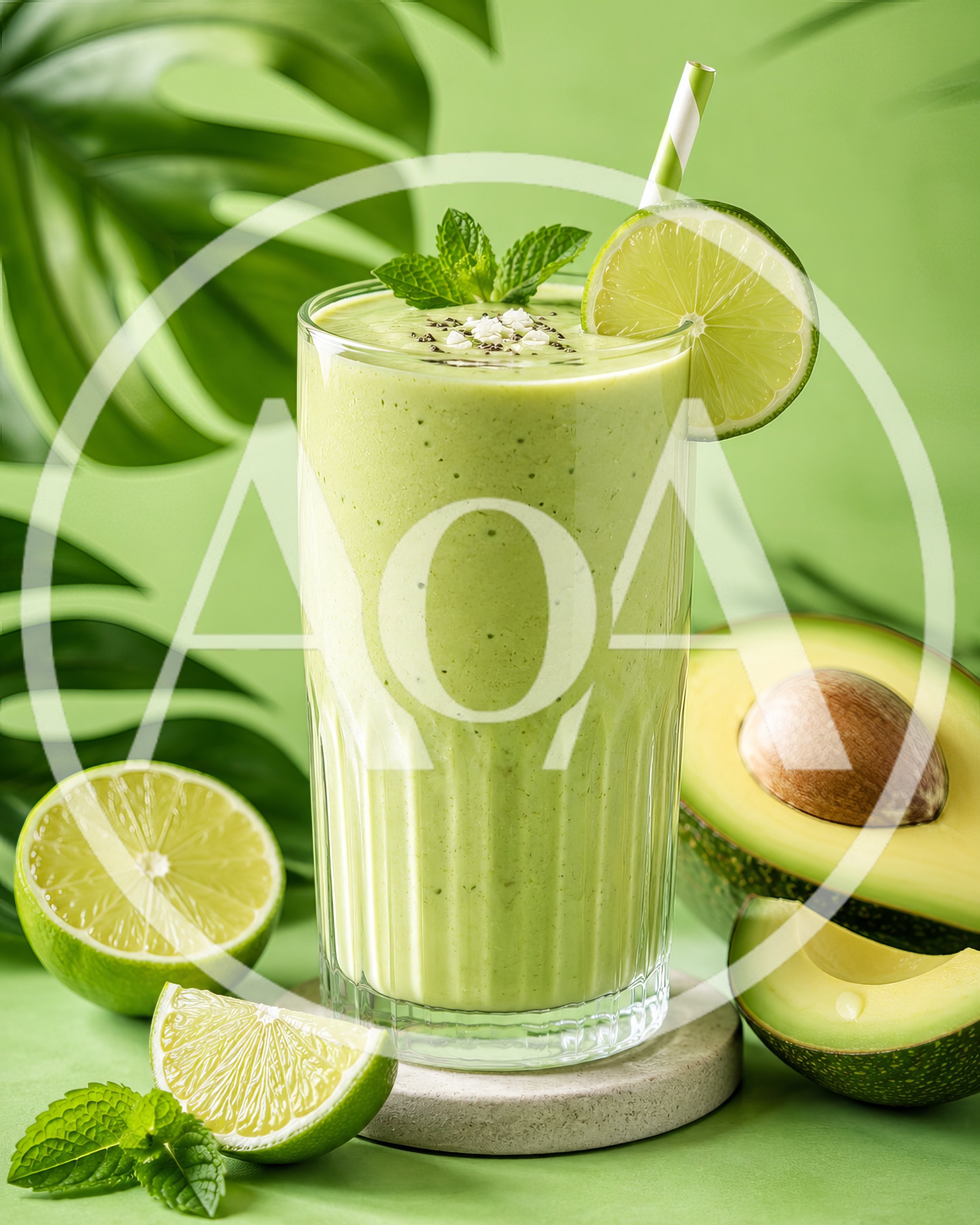 Refreshing Avocado Lime Smoothie With Tropical Leaves