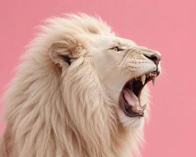 Majestic White Lion Roaring Against Pink Background