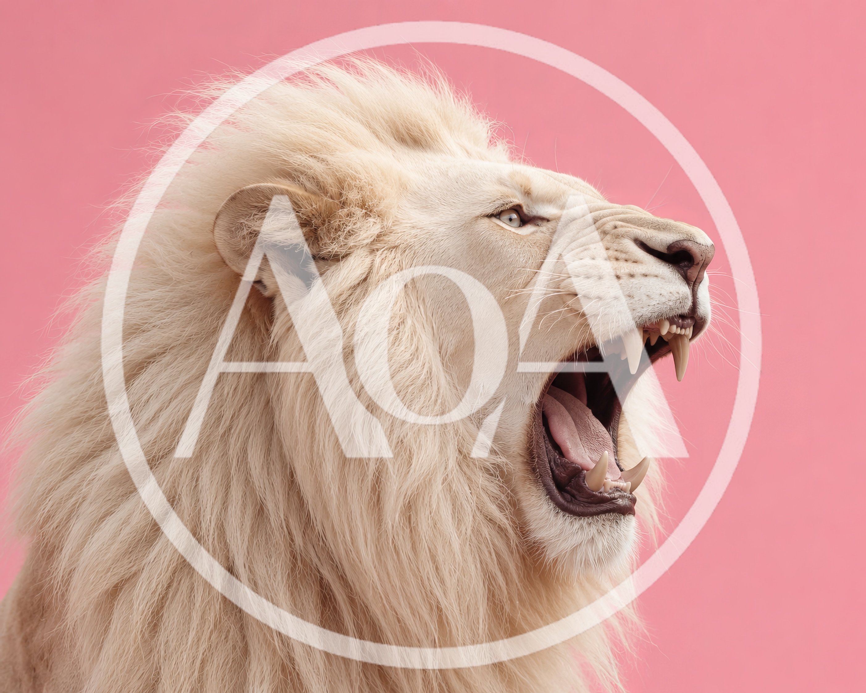 Majestic White Lion Roaring Against Pink Background