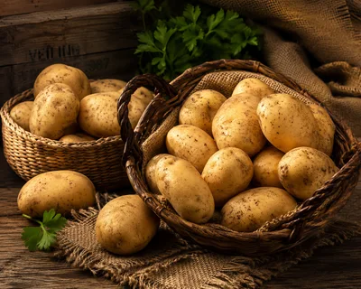 Fresh Raw Potatoes In Woven Baskets