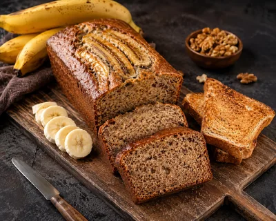 Freshly Baked Banana Bread Loaf on Wooden Board
