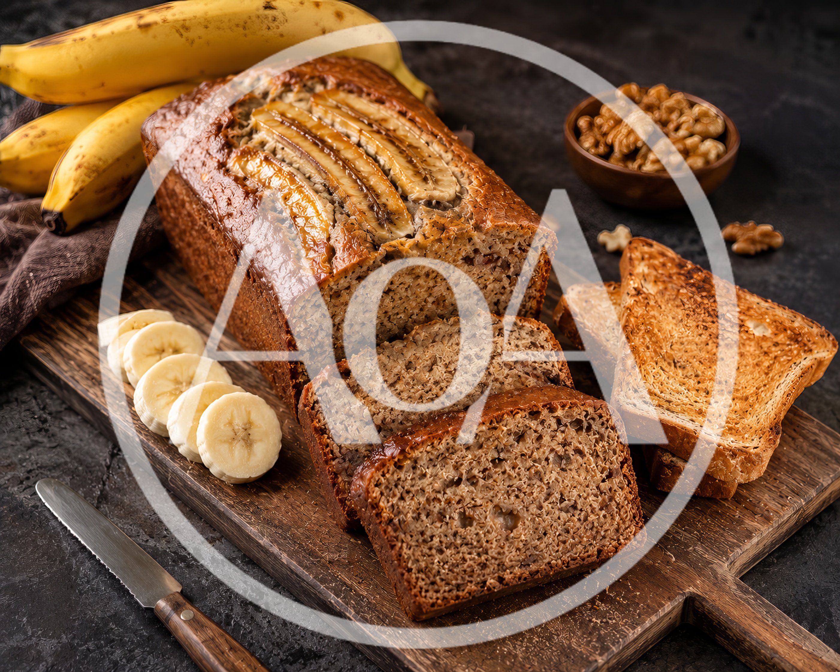 Freshly Baked Banana Bread Loaf on Wooden Board