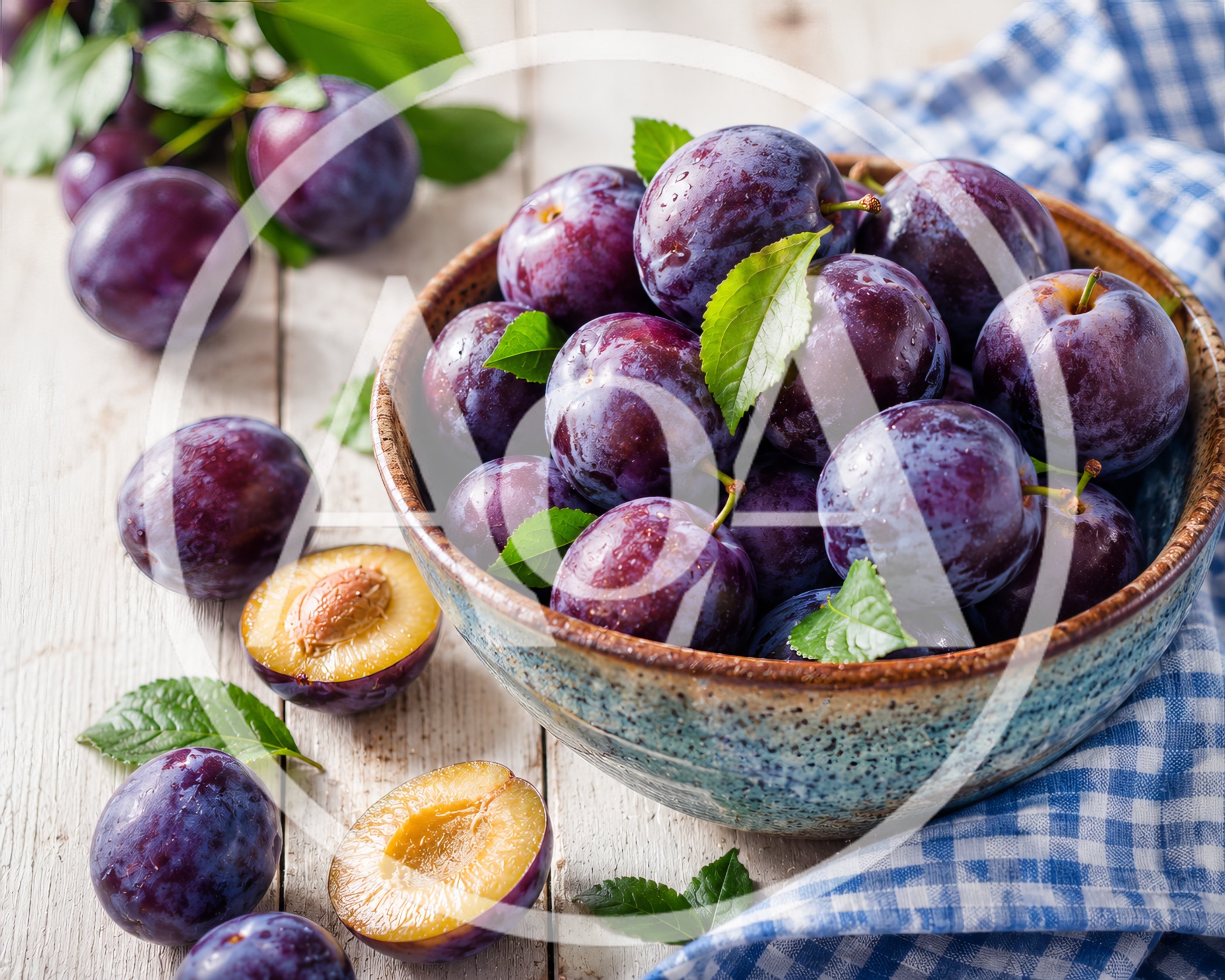Fresh Ripe Plums In A Rustic Ceramic Bowl