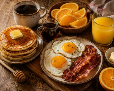 Classic American Breakfast With Pancakes Eggs And Bacon