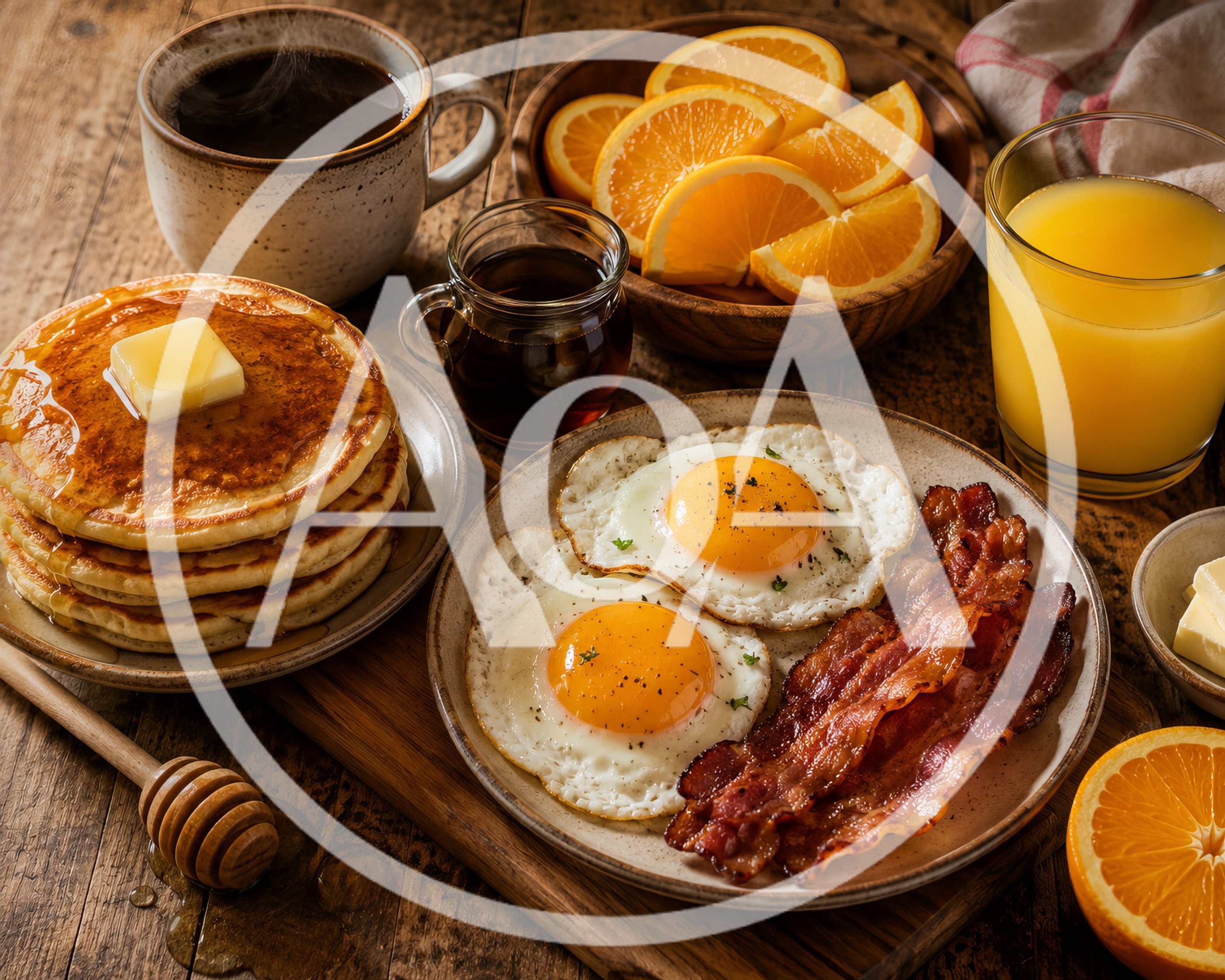 Classic American Breakfast With Pancakes Eggs And Bacon