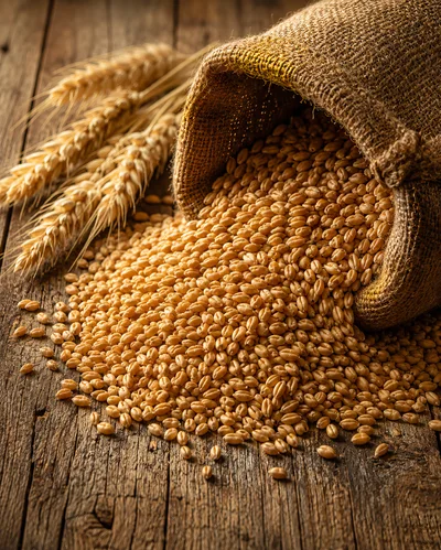 Burlap Sack Spilling Wheat Grains On Rustic Wooden Table