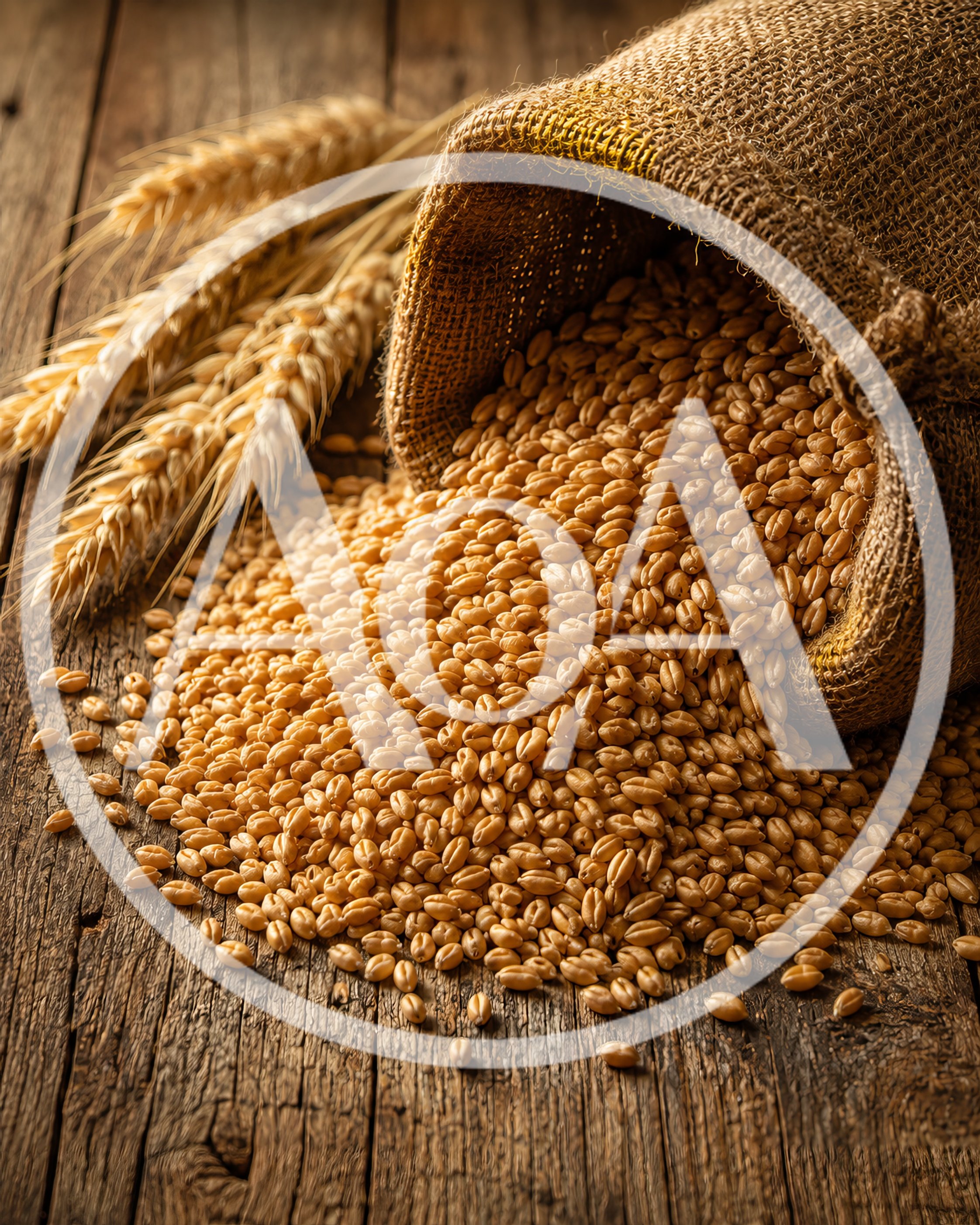 Burlap Sack Spilling Wheat Grains On Rustic Wooden Table