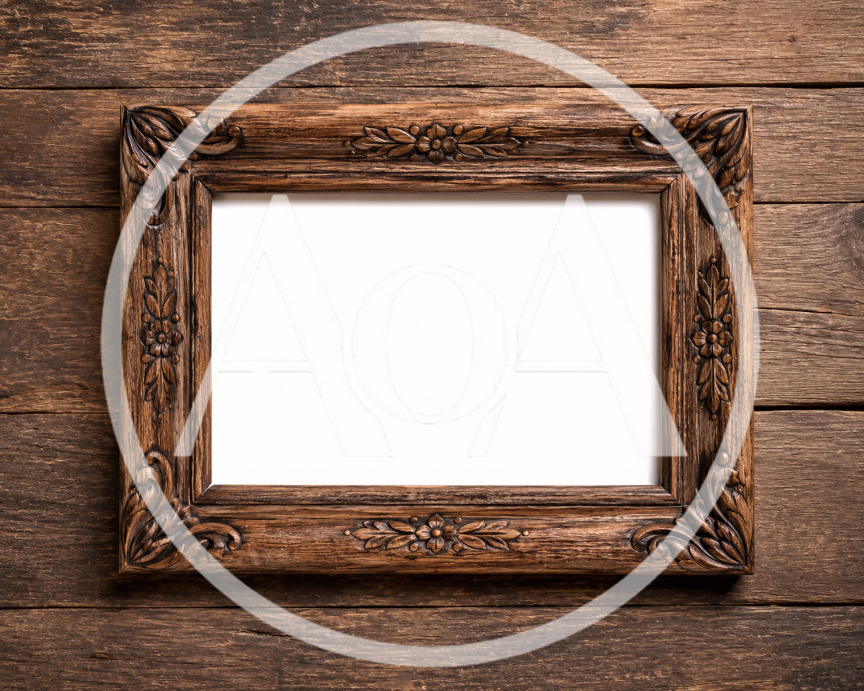 Ornate Wooden Picture Frame On Rustic Timber Background