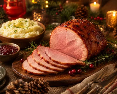 Glazed Holiday Ham With Mashed Potatoes And Cranberry Sauce