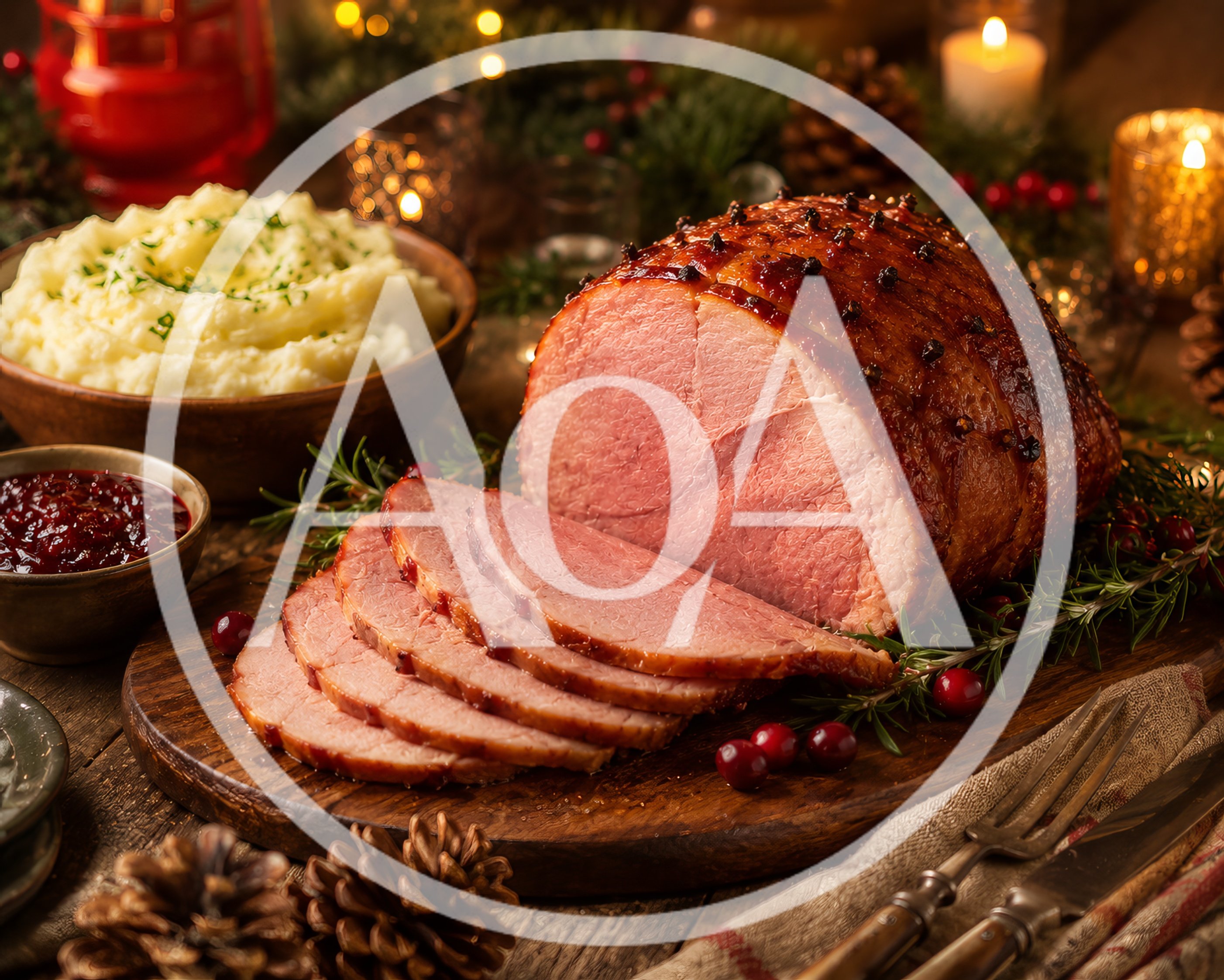 Glazed Holiday Ham With Mashed Potatoes And Cranberry Sauce