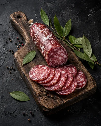 Salami Sausage Slices on a Wooden Cutting Board