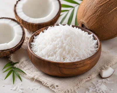 Shredded Coconut in a Wooden Bowl
