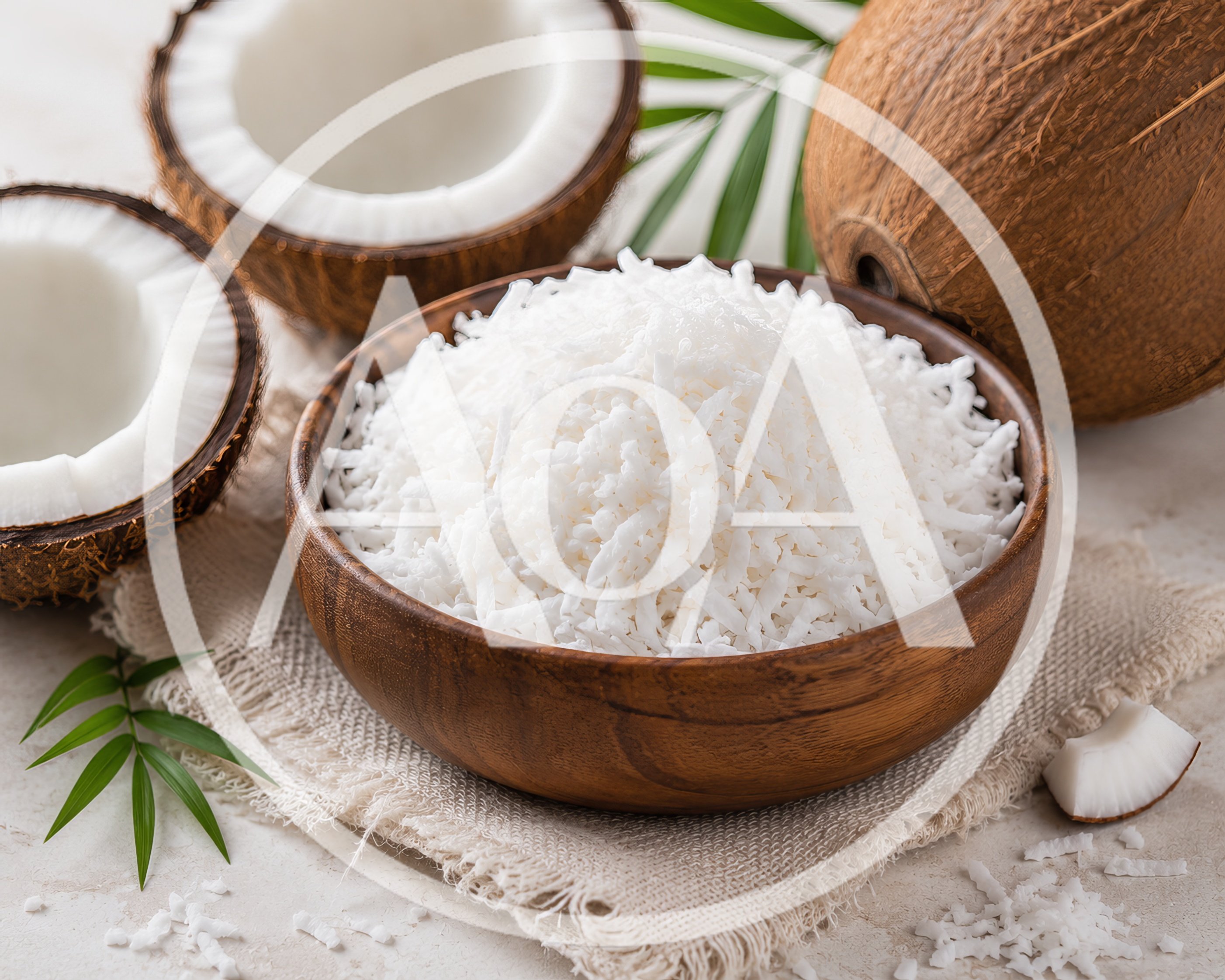Shredded Coconut in a Wooden Bowl