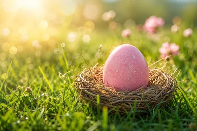 Pink Easter Egg Resting In A Natural Bird Nest