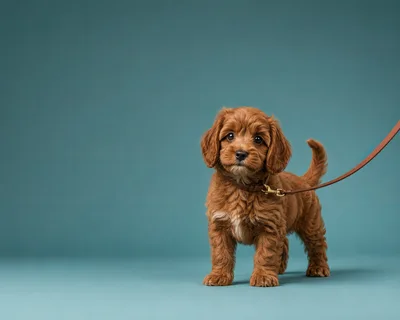 Adorable Cavapoo Puppy Standing on Teal Background